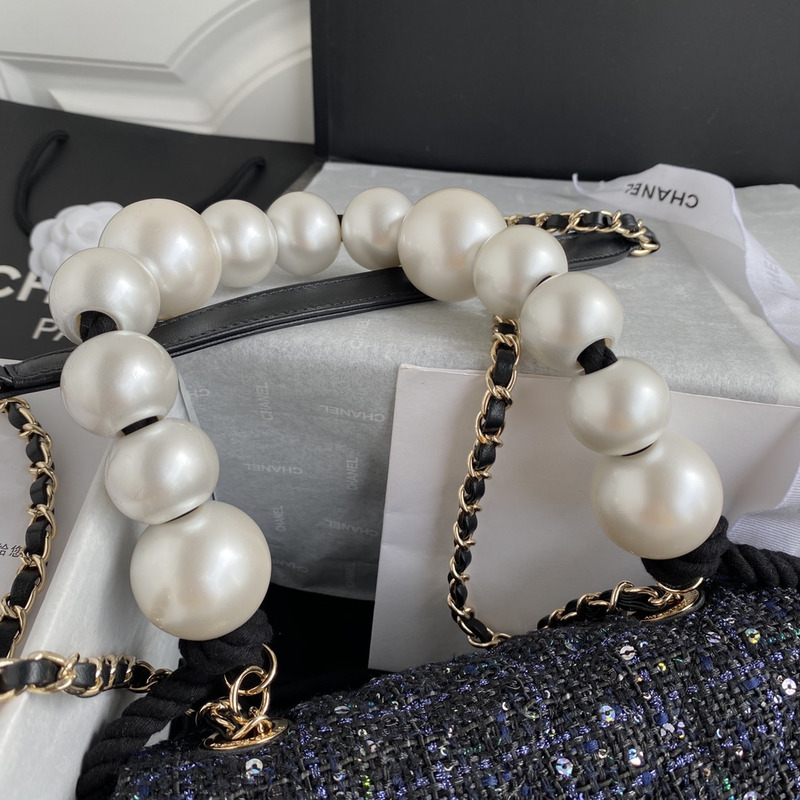 Ch*el large pearl handle flap bag black