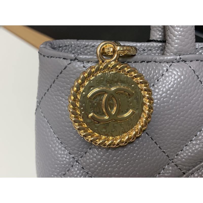 Ch*el medallion tote bag ghw caviar skin leather grey
