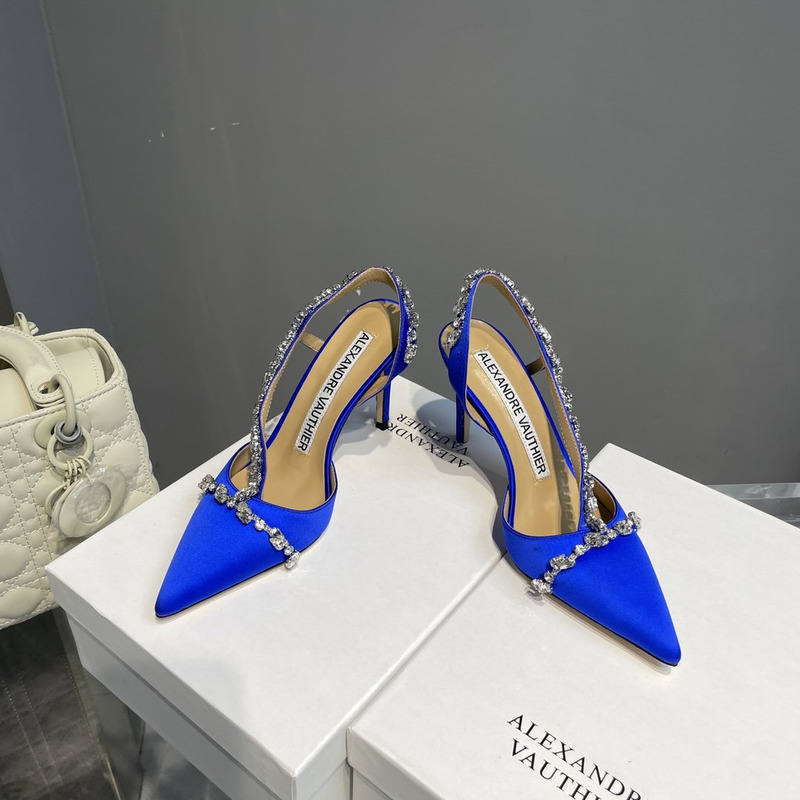 Alexandre Vauthier Pointed Toe Rhinestone High Heels Stiletto Silk Sandals Blue