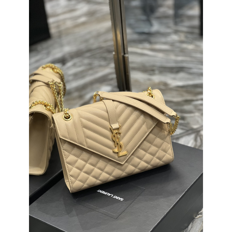 Saint Laurent Grain-embossed Quilted Leather Envelope Bag Apricot