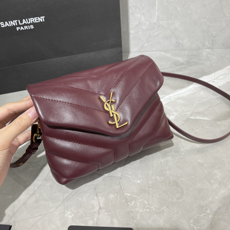 Saint Laurent Mini Version Crossbody Bag Cowhide Gold 20×14×7cm Burgundy