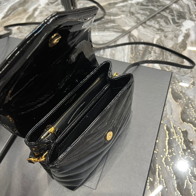 Saint Laurent Patent Leather Bag with Gold Buckle Black