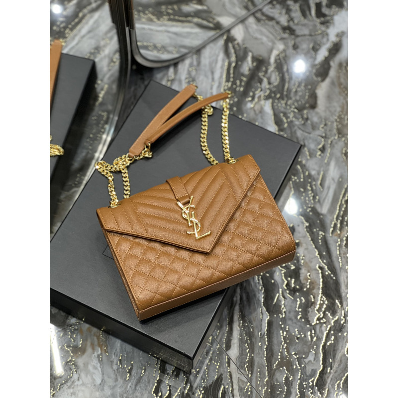 Saint Laurent Envelope Embossed Leather Shoulder Bag Medium Dark Natural