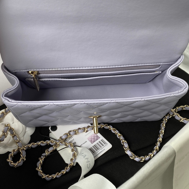 Ch*el mini flap bag with top handle lambskin & gold-tone metal purple