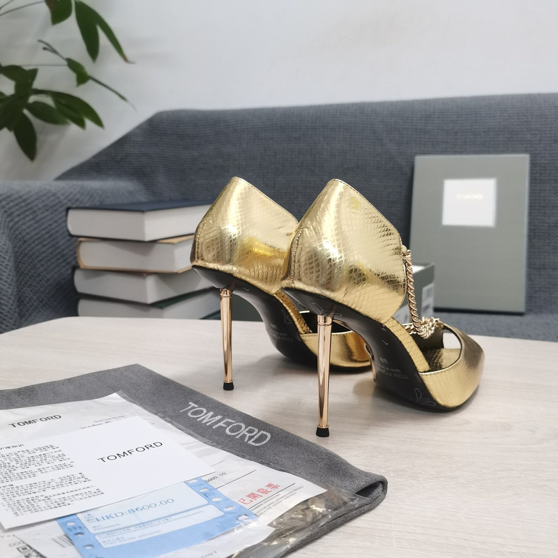 Tom Ford Open Toe Pointed Toe Chain Detail High Heel in Light Gold