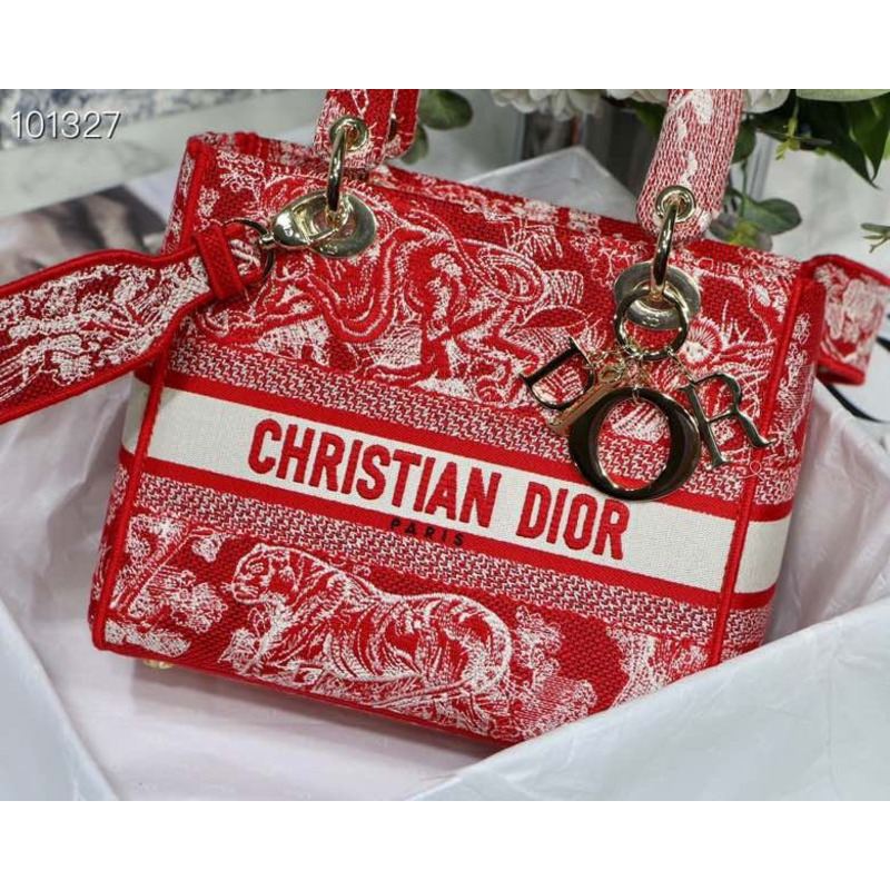 D*or lady d-lite bag toile de jouy reverse embroidery in red
