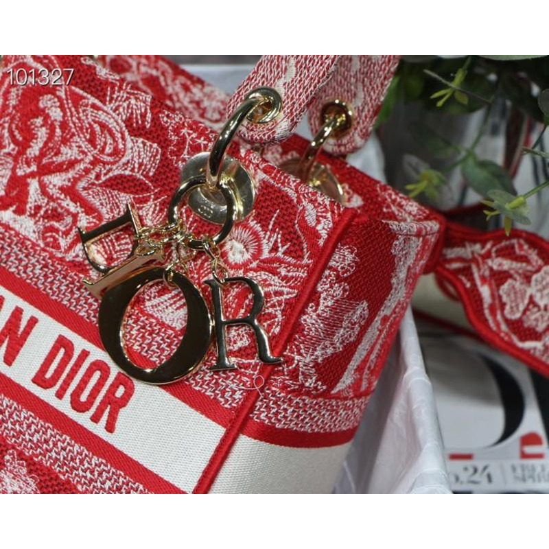 D*or lady d-lite bag toile de jouy reverse embroidery in red