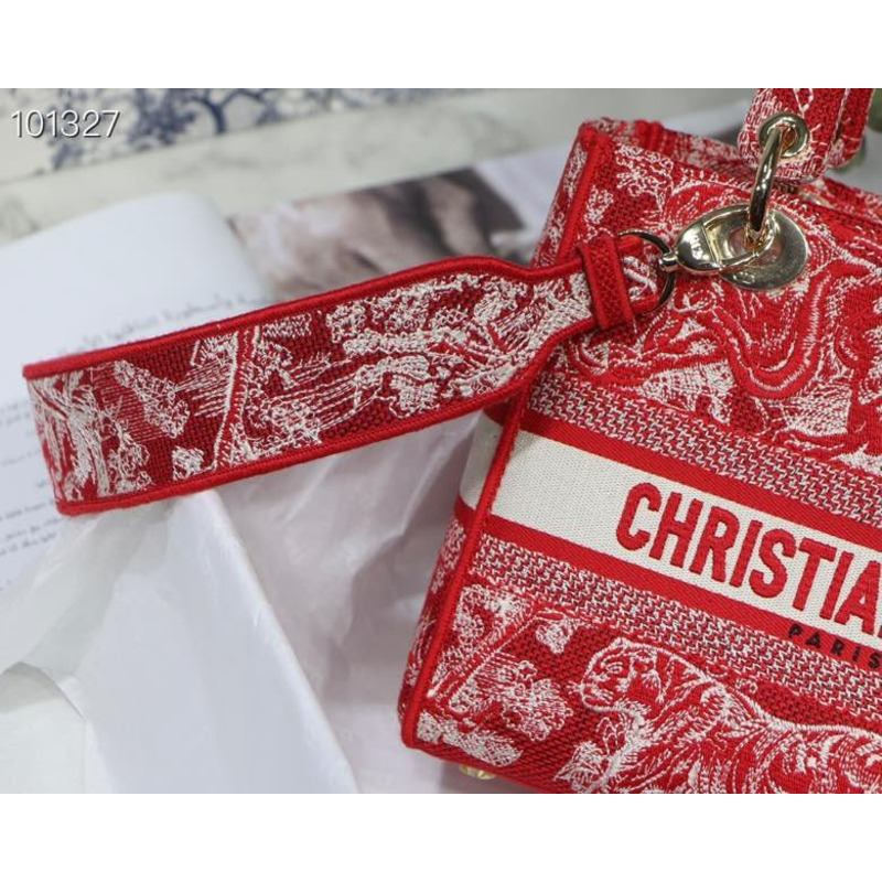 D*or lady d-lite bag toile de jouy reverse embroidery in red