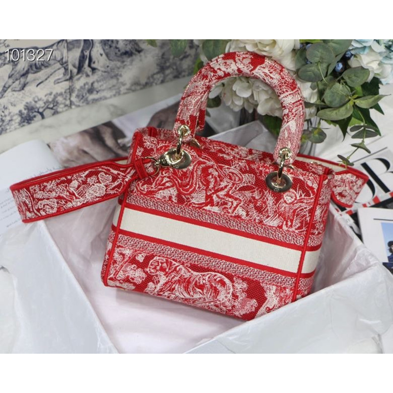 D*or lady d-lite bag toile de jouy reverse embroidery in red
