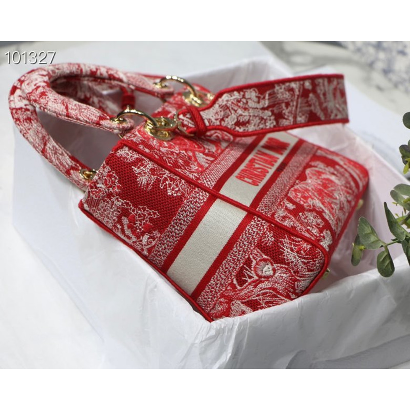 D*or lady d-lite bag toile de jouy reverse embroidery in red