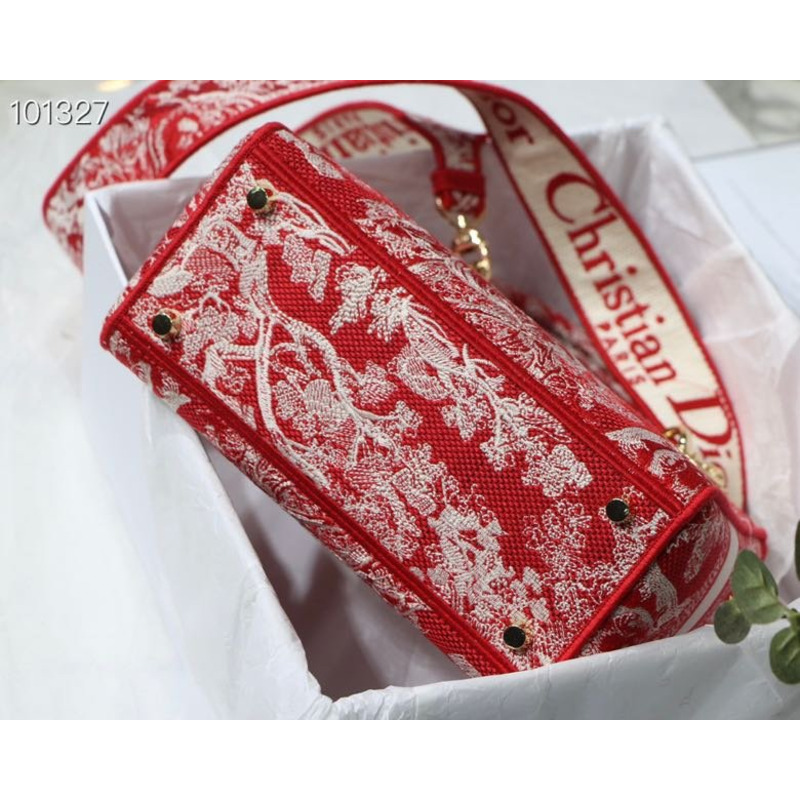 D*or lady d-lite bag toile de jouy reverse embroidery in red