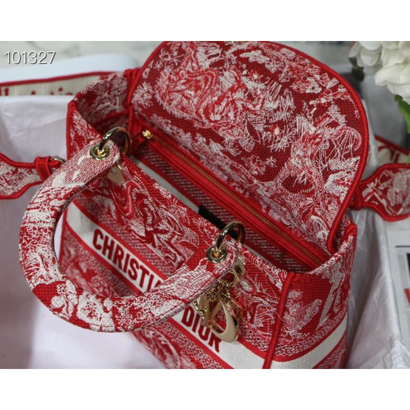 D*or lady d-lite bag toile de jouy reverse embroidery in red