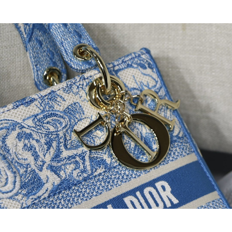D*or lady d-lite bag toile de jouy reverse embroidery in fluorescent blue