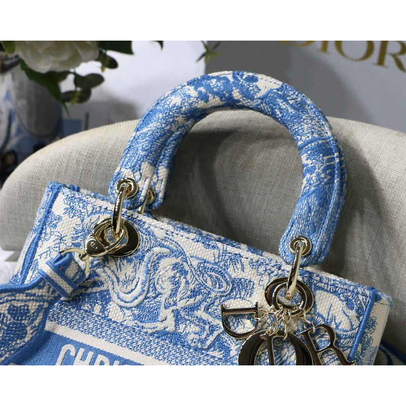D*or lady d-lite bag toile de jouy reverse embroidery in fluorescent blue