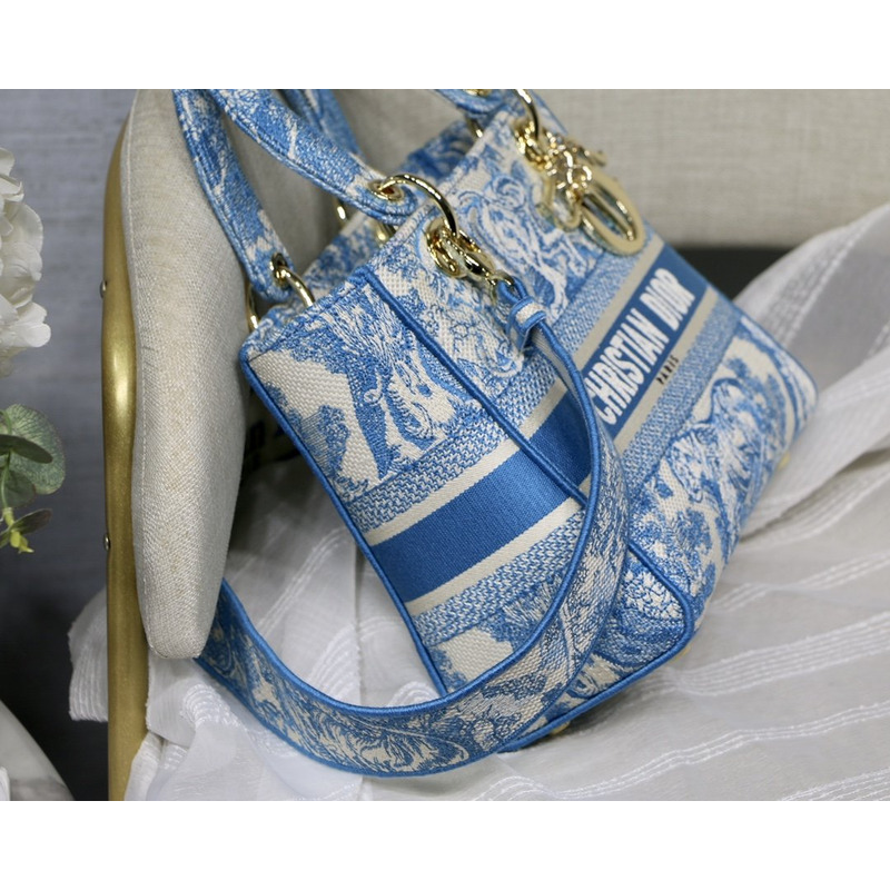 D*or lady d-lite bag toile de jouy reverse embroidery in fluorescent blue