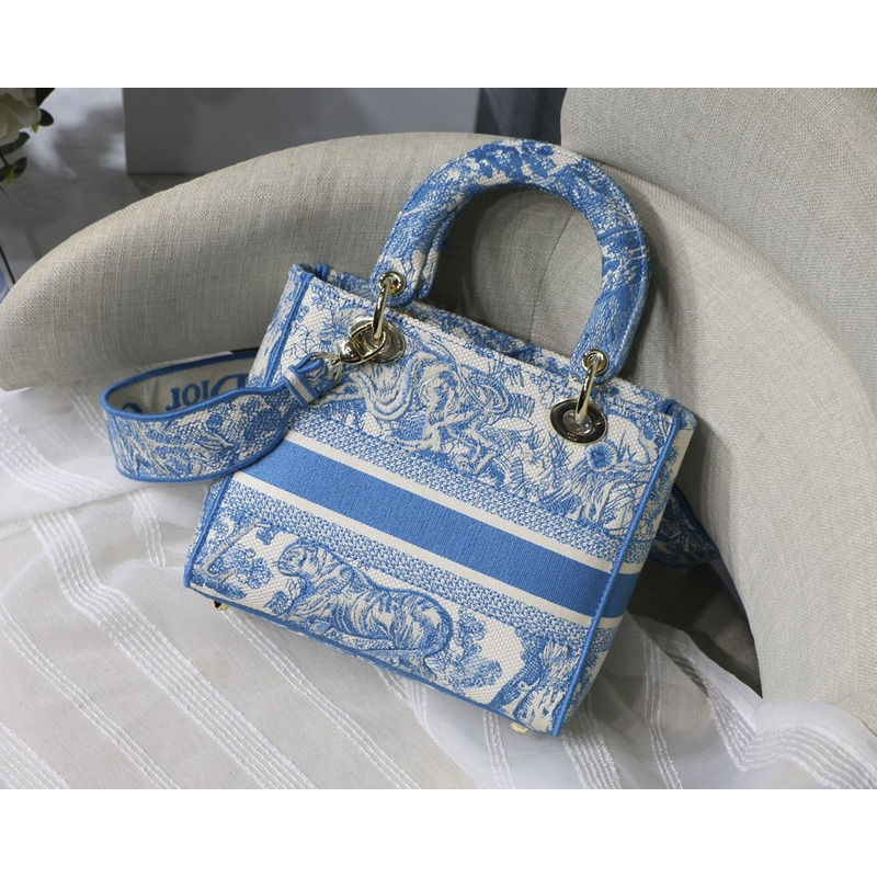 D*or lady d-lite bag toile de jouy reverse embroidery in fluorescent blue