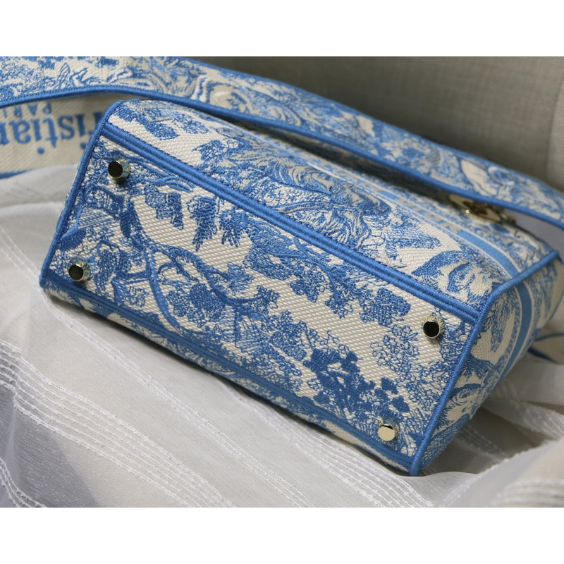 D*or lady d-lite bag toile de jouy reverse embroidery in fluorescent blue