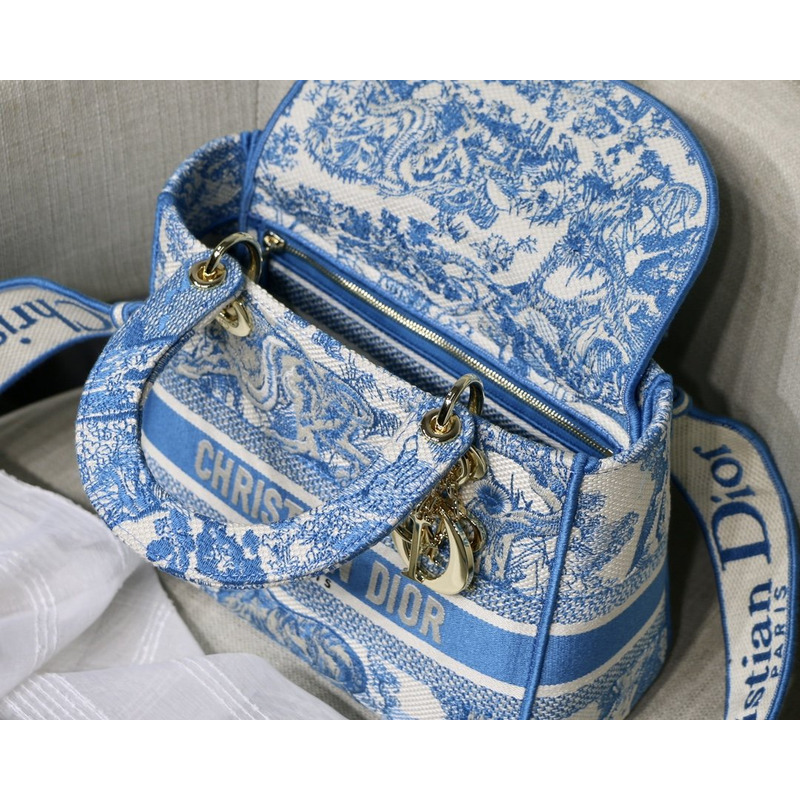 D*or lady d-lite bag toile de jouy reverse embroidery in fluorescent blue