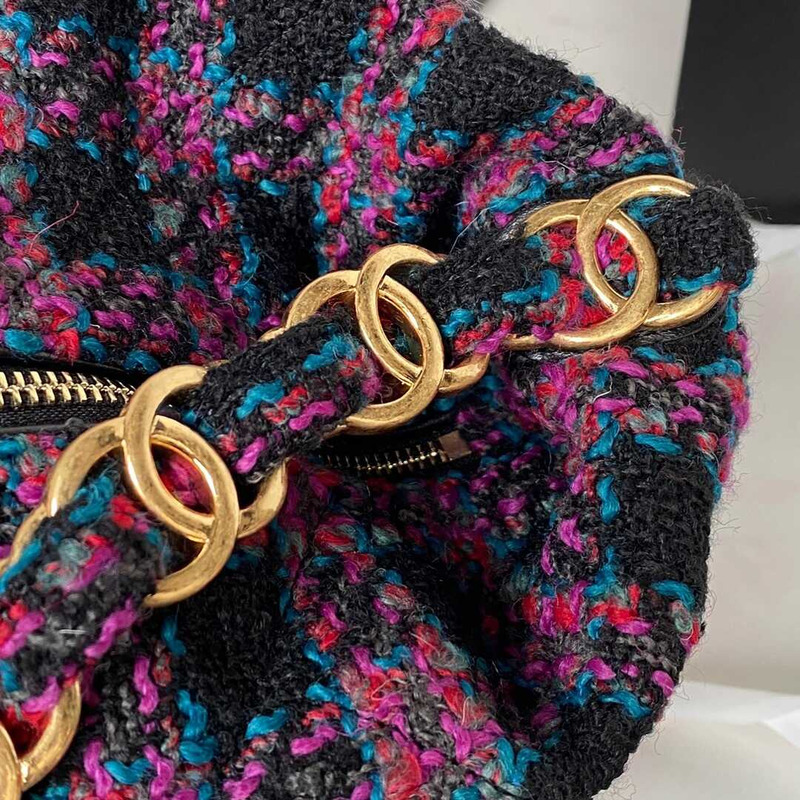 Ch*el hobo bag wool twill & gold-tone metal black and red