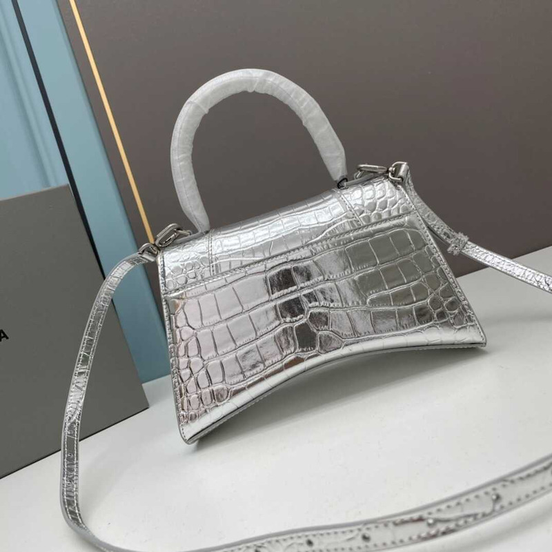 Ba*len*cia*ga sliver croco embossed leather small hourglass handbag
