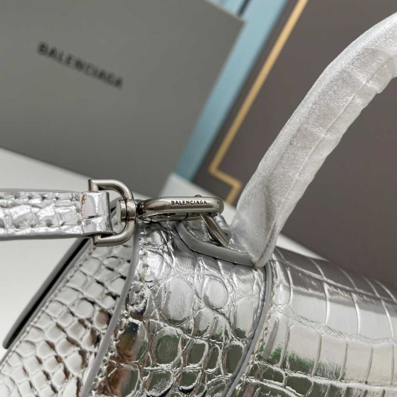 Ba*len*cia*ga sliver croco embossed leather small hourglass handbag