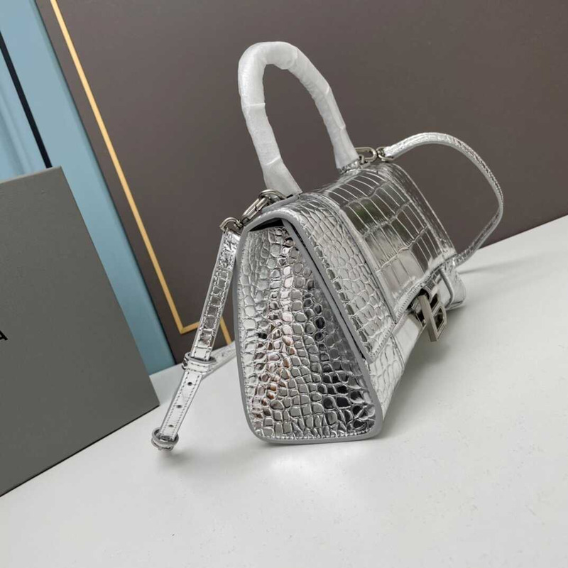 Ba*len*cia*ga sliver croco embossed leather small hourglass handbag