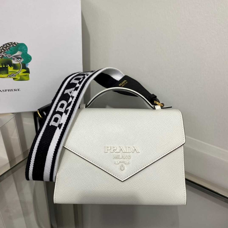 pra*a monoCh*0me saffiano leather bag white