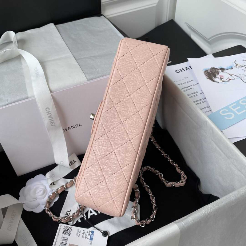 Ch*el classic flap calfskin silver hardware small pink
