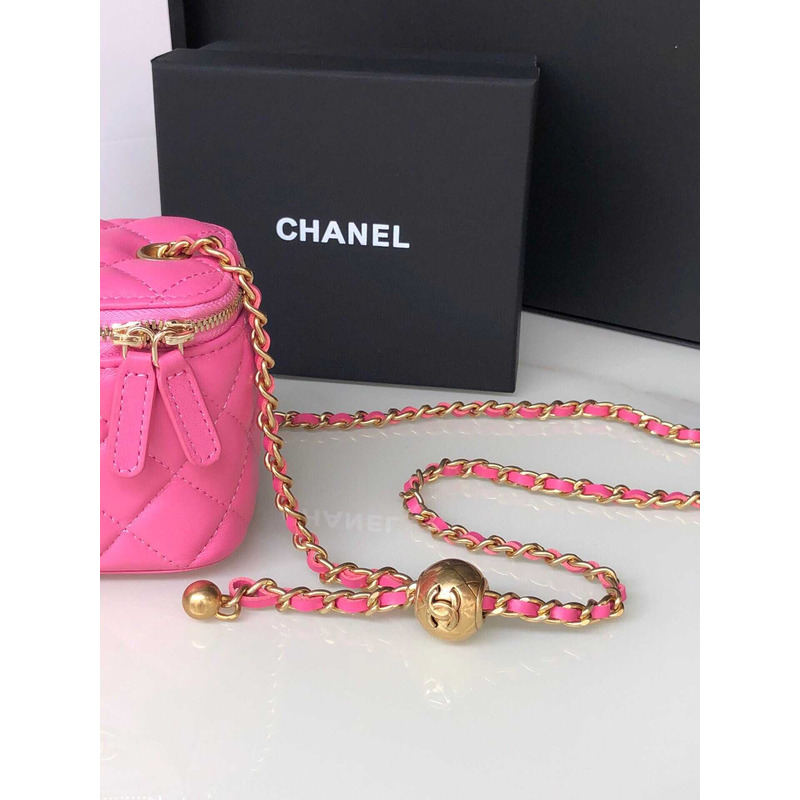 Ch*el lambskin quilted pearl crush mini vanity case with chain pink