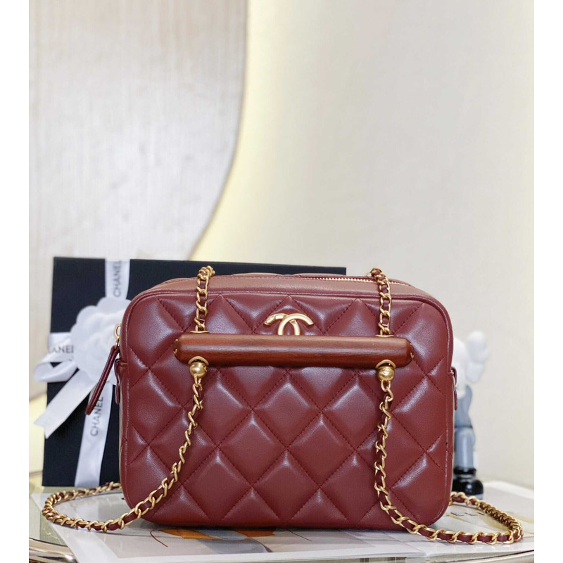 Ch*el mini bowling bag lambskin & wenge wood burgundy