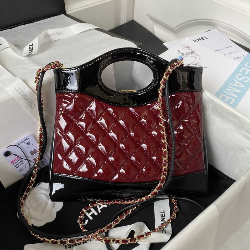 Ch*el 31 mini shopping bag patent calfskin & gold-tone metal burgundy