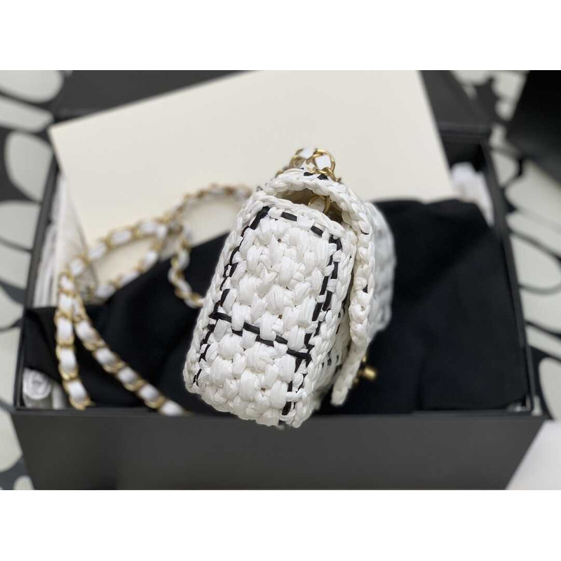 Ch*el mini flap bag raffia effect tweed & gold-tone metal white
