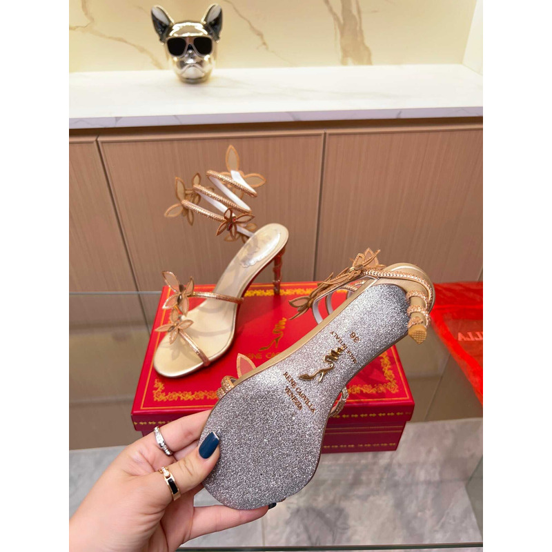 Rene Caovilla Leruy Diamante Butterfly Wrap High Heel Sandals Gold