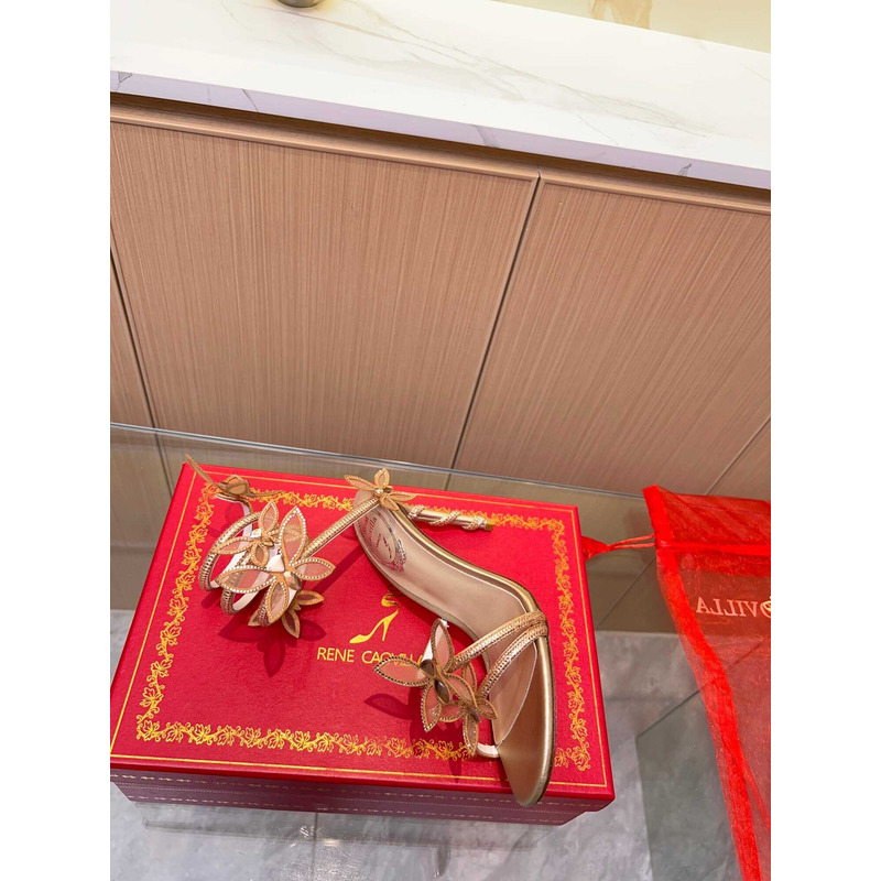 Rene Caovilla Leruy Diamante Butterfly Wrap High Heel Sandals Gold