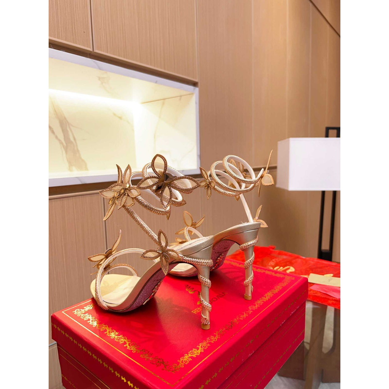 Rene Caovilla Leruy Diamante Butterfly Wrap High Heel Sandals Gold