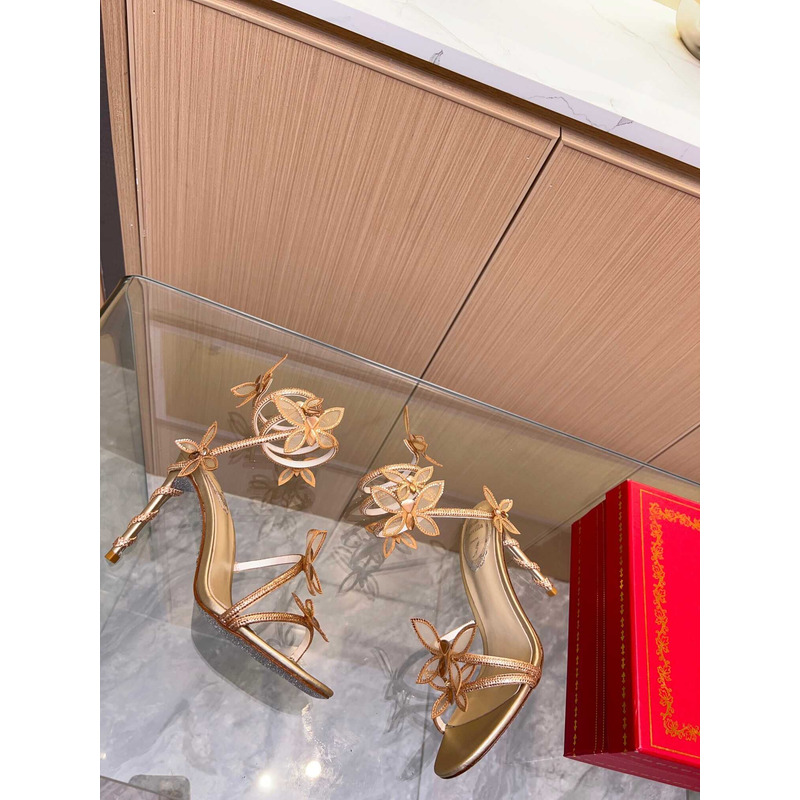 Rene Caovilla Leruy Diamante Butterfly Wrap High Heel Sandals Gold