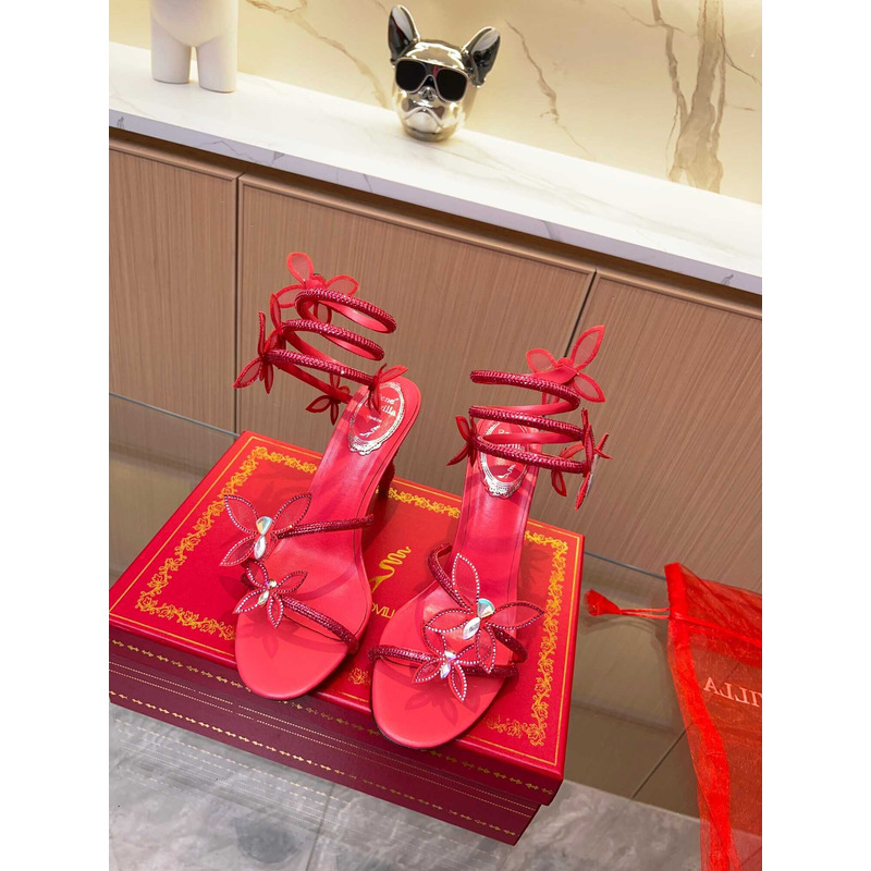 Rene Caovilla Leruy Diamante Butterfly Wrap High Heel Sandals Red