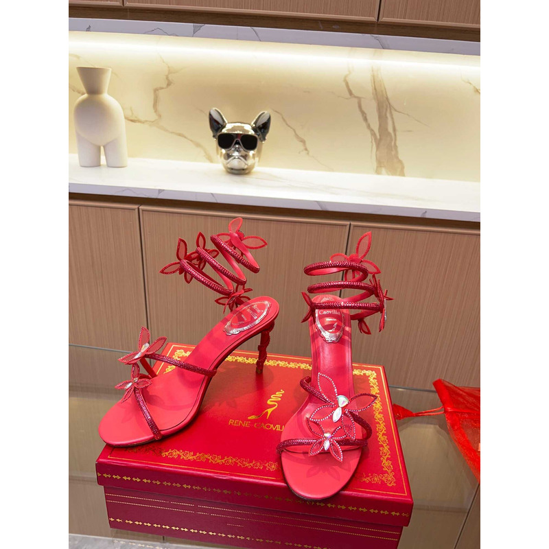 Rene Caovilla Leruy Diamante Butterfly Wrap High Heel Sandals Red
