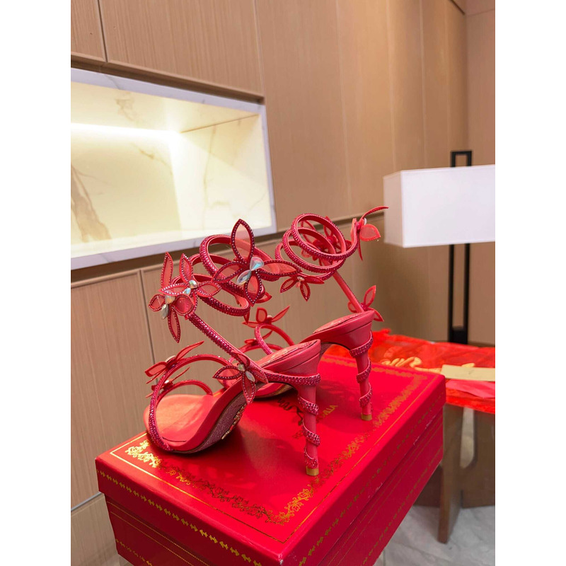 Rene Caovilla Leruy Diamante Butterfly Wrap High Heel Sandals Red