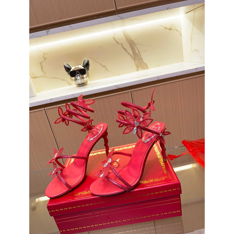 Rene Caovilla Leruy Diamante Butterfly Wrap High Heel Sandals Red