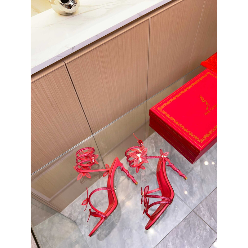 Rene Caovilla Leruy Diamante Butterfly Wrap High Heel Sandals Red
