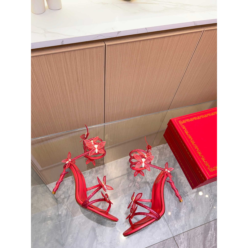 Rene Caovilla Leruy Diamante Butterfly Wrap High Heel Sandals Red