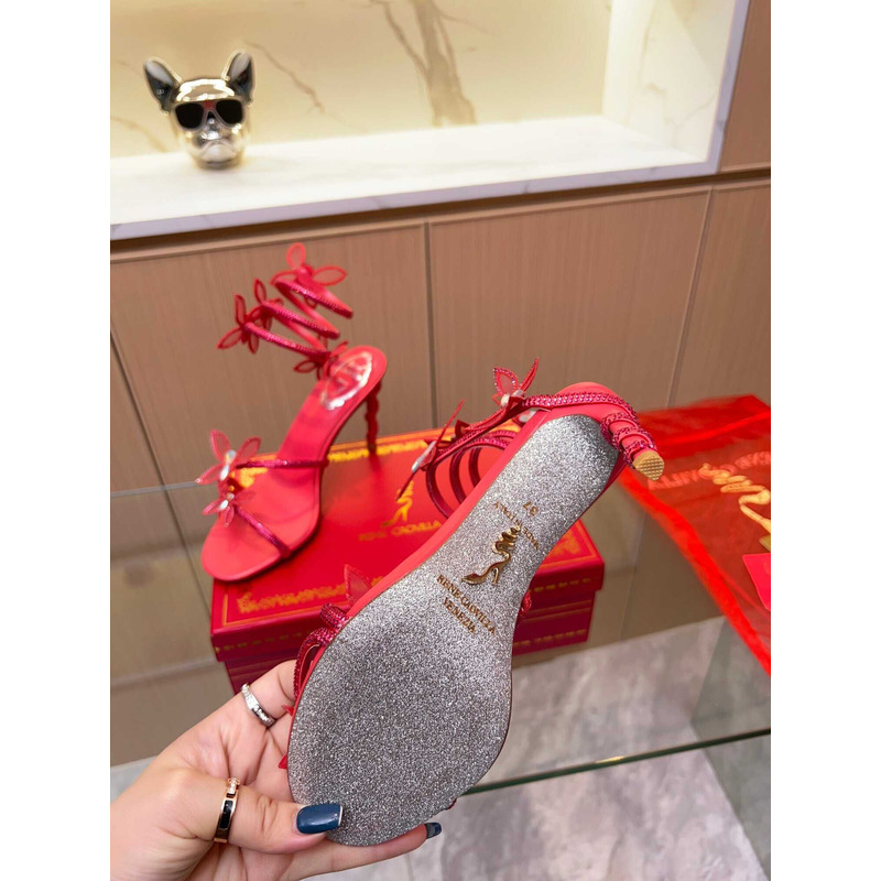 Rene Caovilla Leruy Diamante Butterfly Wrap High Heel Sandals Red
