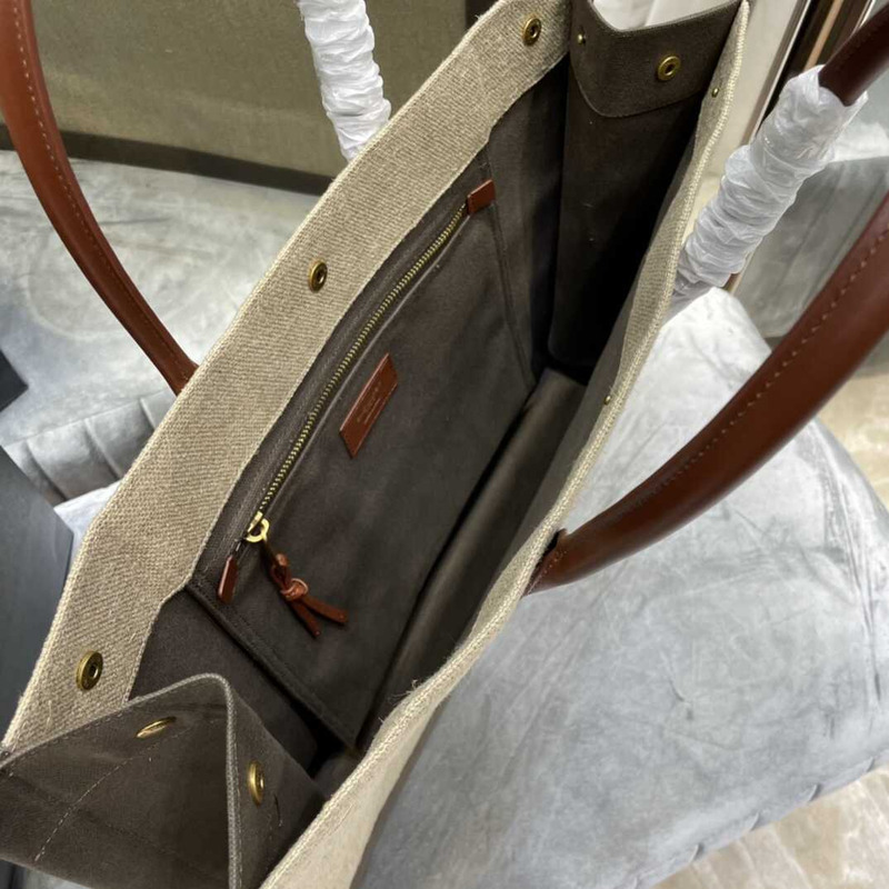 Saint Laurent Rive Gauche Vertical Shopper In Linen And Cotton Gray And Beige