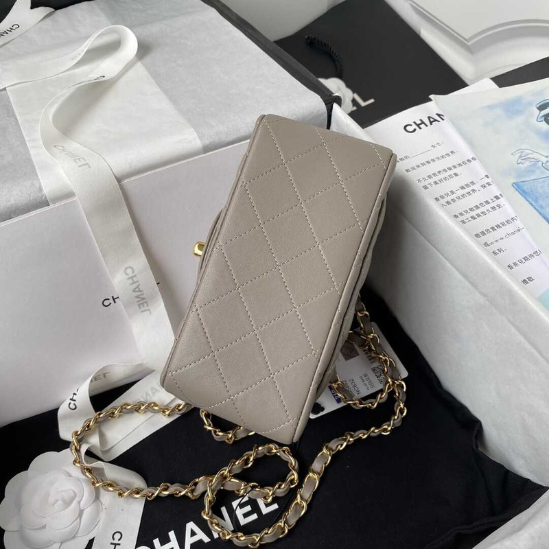 Ch*el mini flap bag lambskin & gold-tone metal dark beige