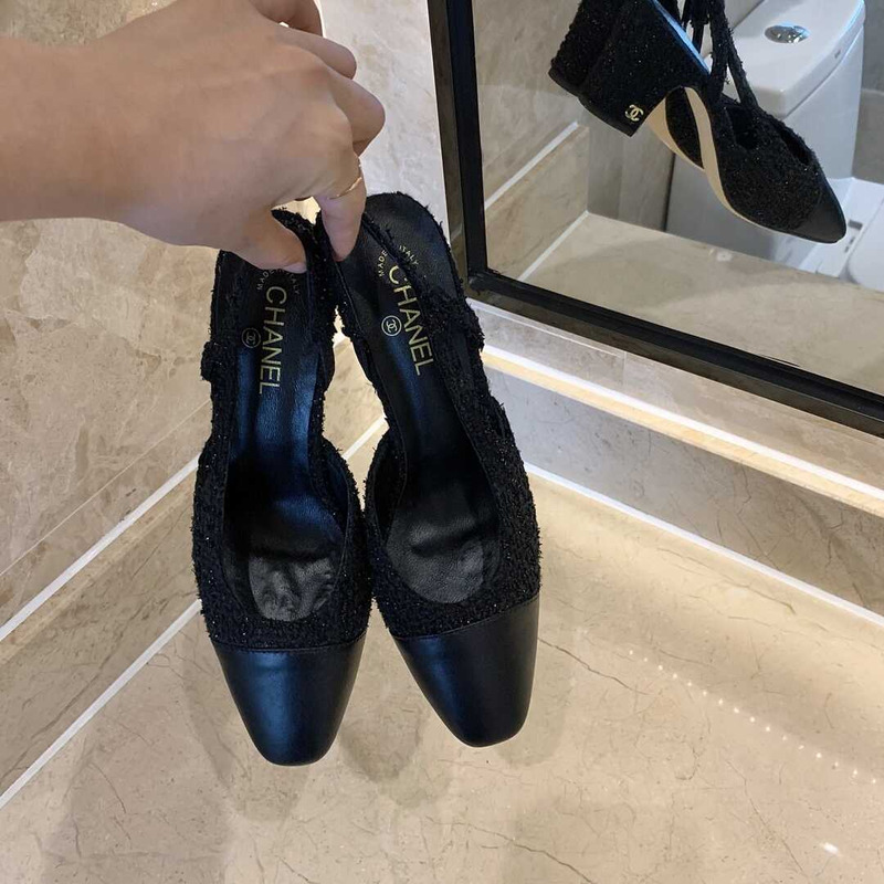 Ch*el classic sandals sheepskin mid-heel sandals black