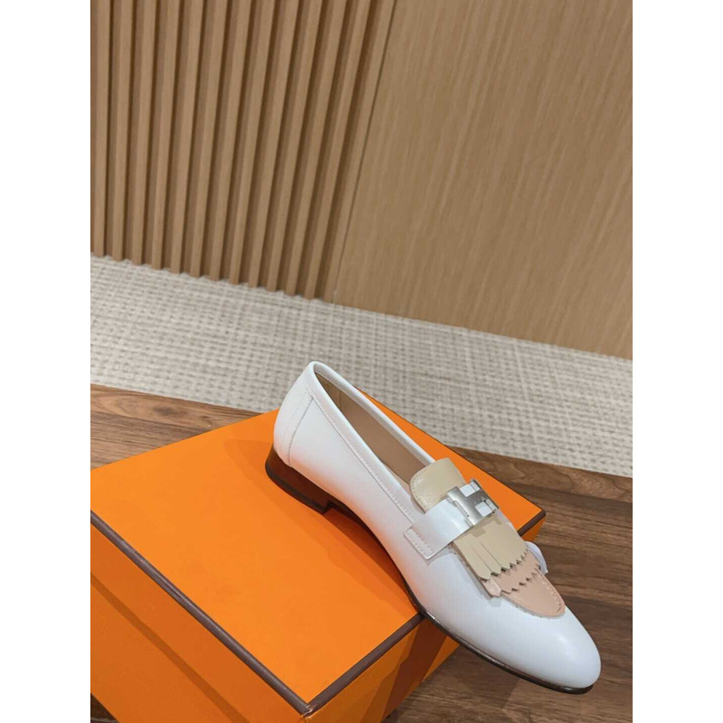 H**mes goatskin womens royal loafers beige and white