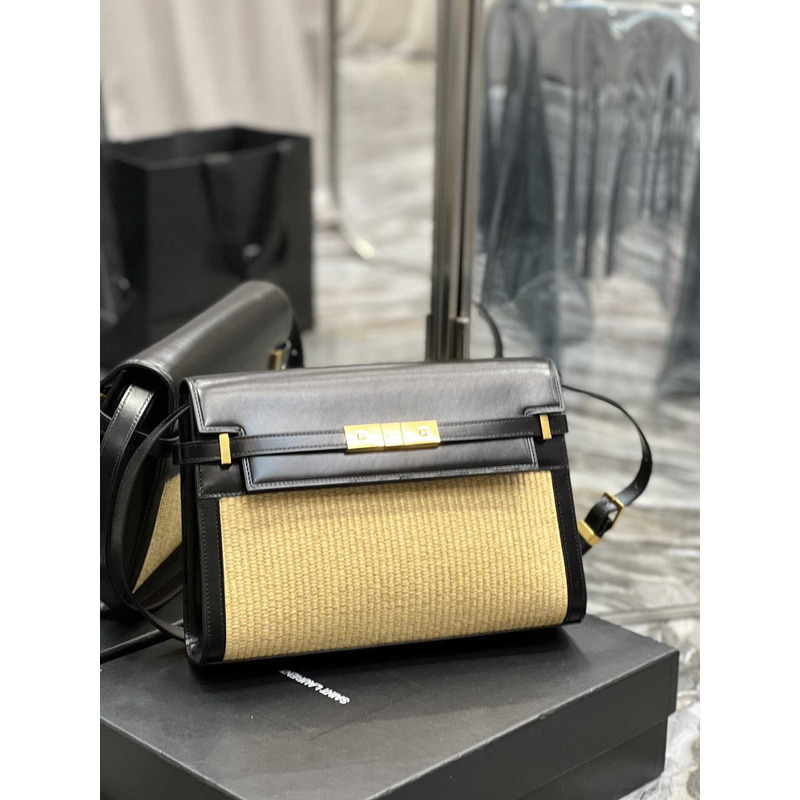 Saint Laurent Manhattan Leather Shoulder Bag Black And Beige