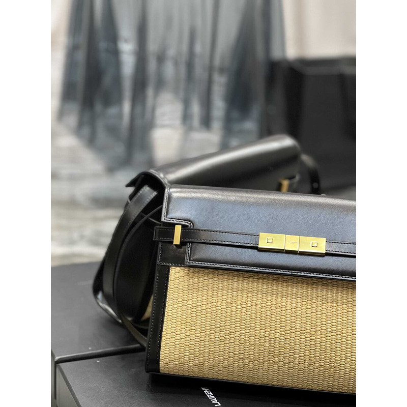 Saint Laurent Manhattan Leather Shoulder Bag Black And Beige