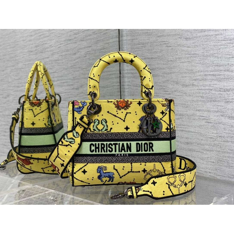 D*or medium lady d-lite bag embroidery yellow multicolor